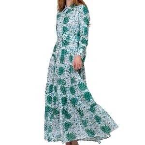 Green Floral Maxi Shirt Dress - Lightweight Long Sleeve